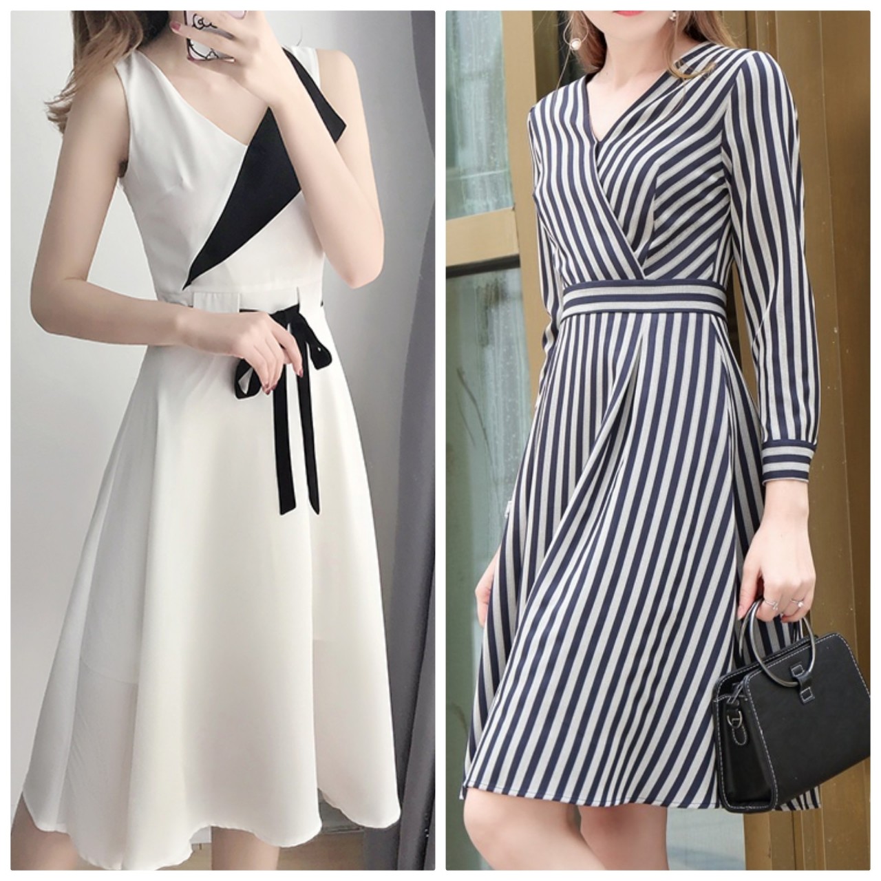 Đầm voan phối màu duyên dáng cổ v beyeu1688 - by6323