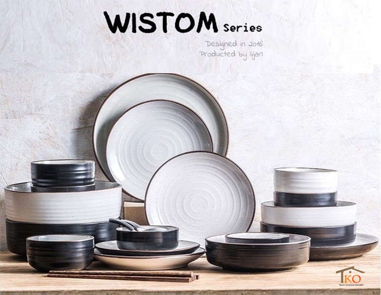 Bộ bát đĩa Wistom phong cách Bắc Âu cao cấp họa tiết muối tiêu 42 món mix đen trắng