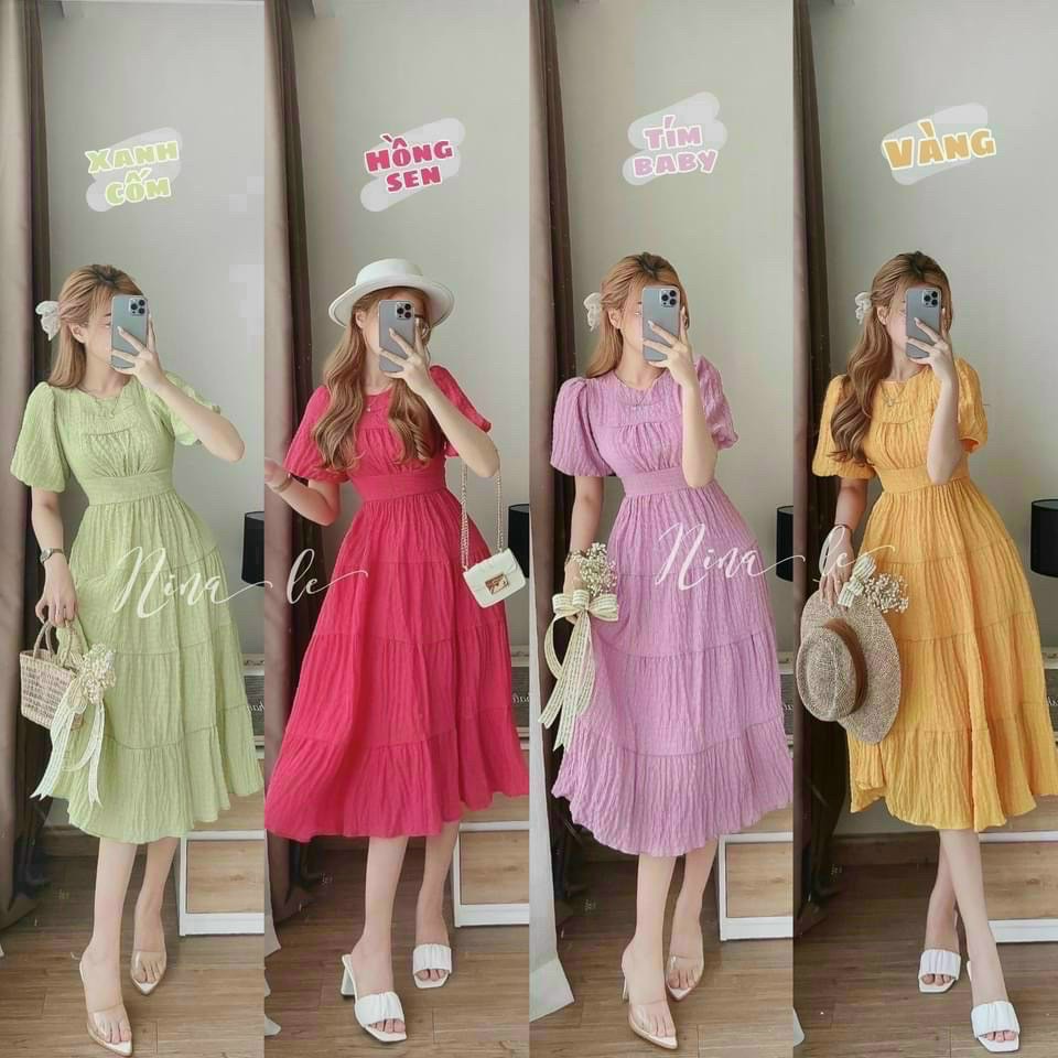 Đầm maxi xếp tầng tay ngắn cổ tròn dài đến gối xinh xắn phù hợp đi biển đi chơi hoặc đi tiệc thời trang THIA House