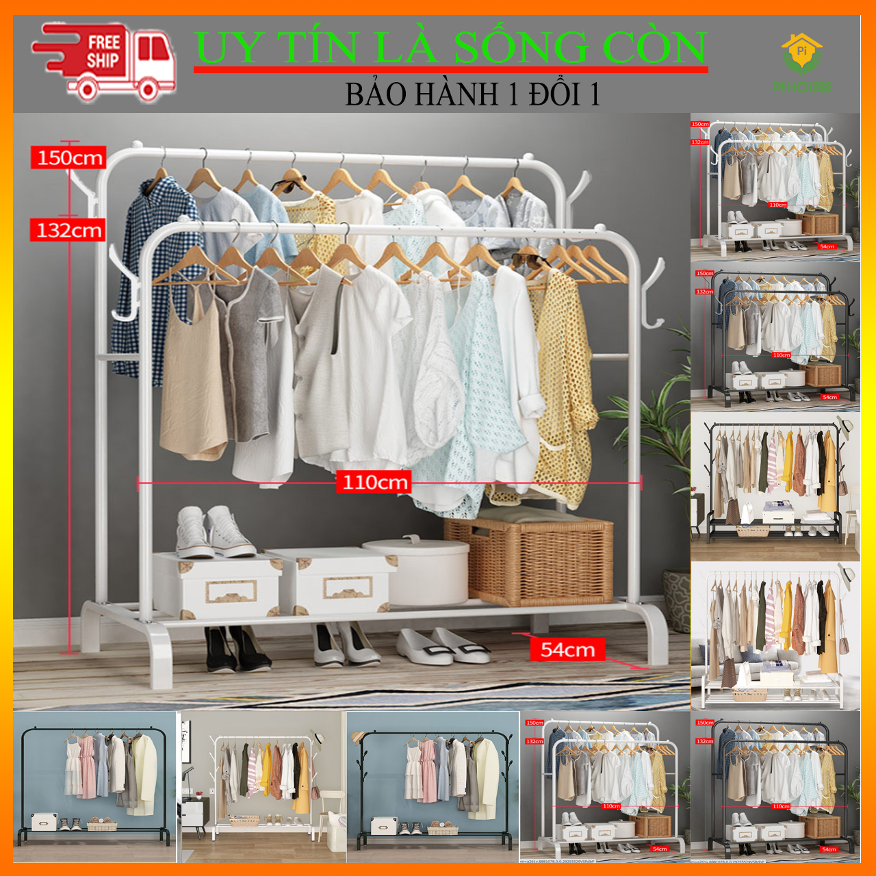 Giá Treo Quần Áo, Giá Phơi Quần Áo, Kệ Quần Áo, Tủ Quần Áo PiHouse Treo Quần Áo Đồ Dùng Tiện Lợi Sang Chảnh (Có Chọn Móc Gỗ)