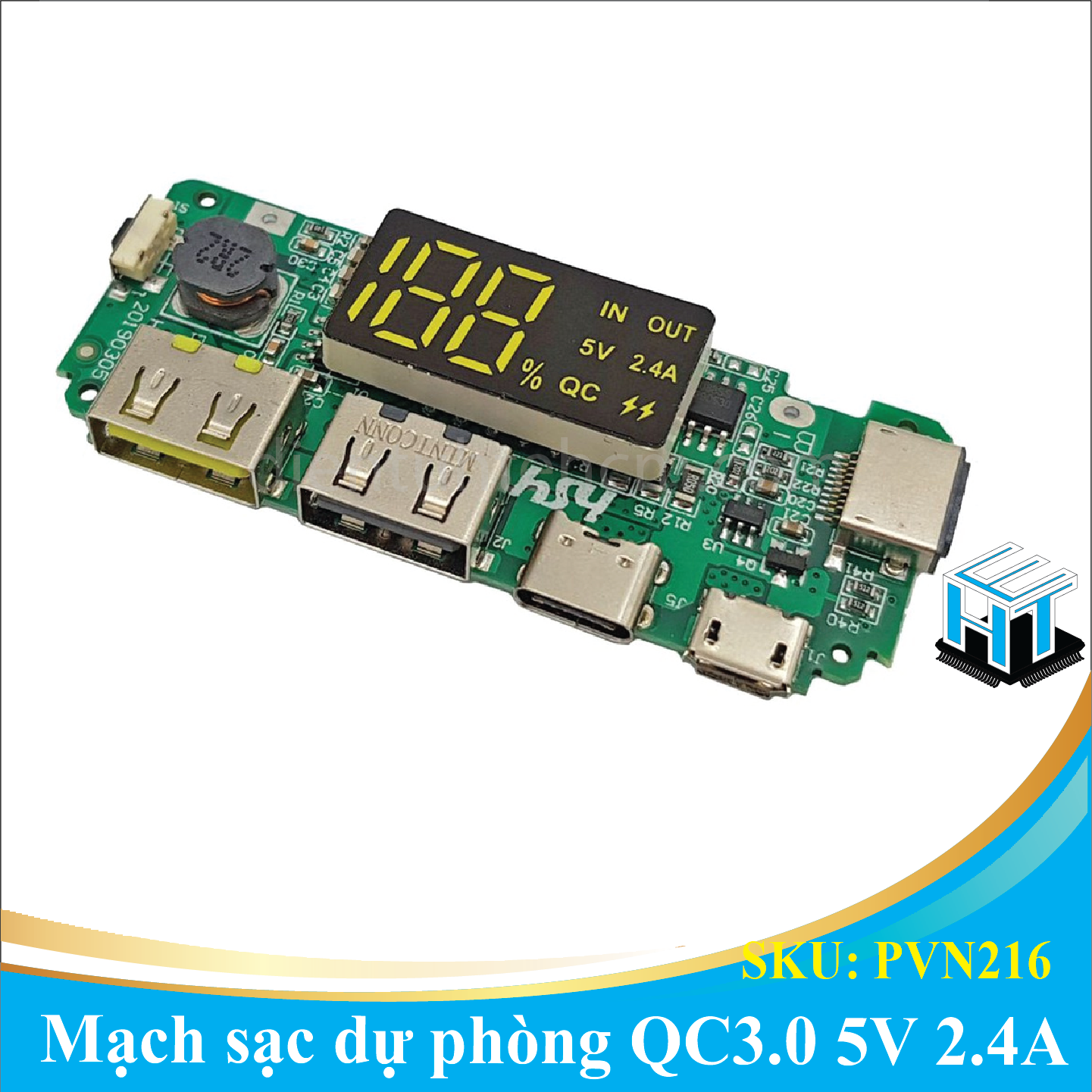 Mạch sạc dự phòng 2 cổng usb, iphone, micro usb và type-c 5v 2.4a