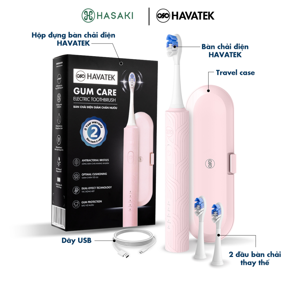 Combo Havatek Bàn Chải Điện Giảm Chấn Nướu Màu Hồng + Máy Tăm Nước Cao Cấp Màu Hồng Rose Gum Care Electric Toothbrush + Advanced Oral Irrigator Hasaki Sản Phẩm Chính Hãng
