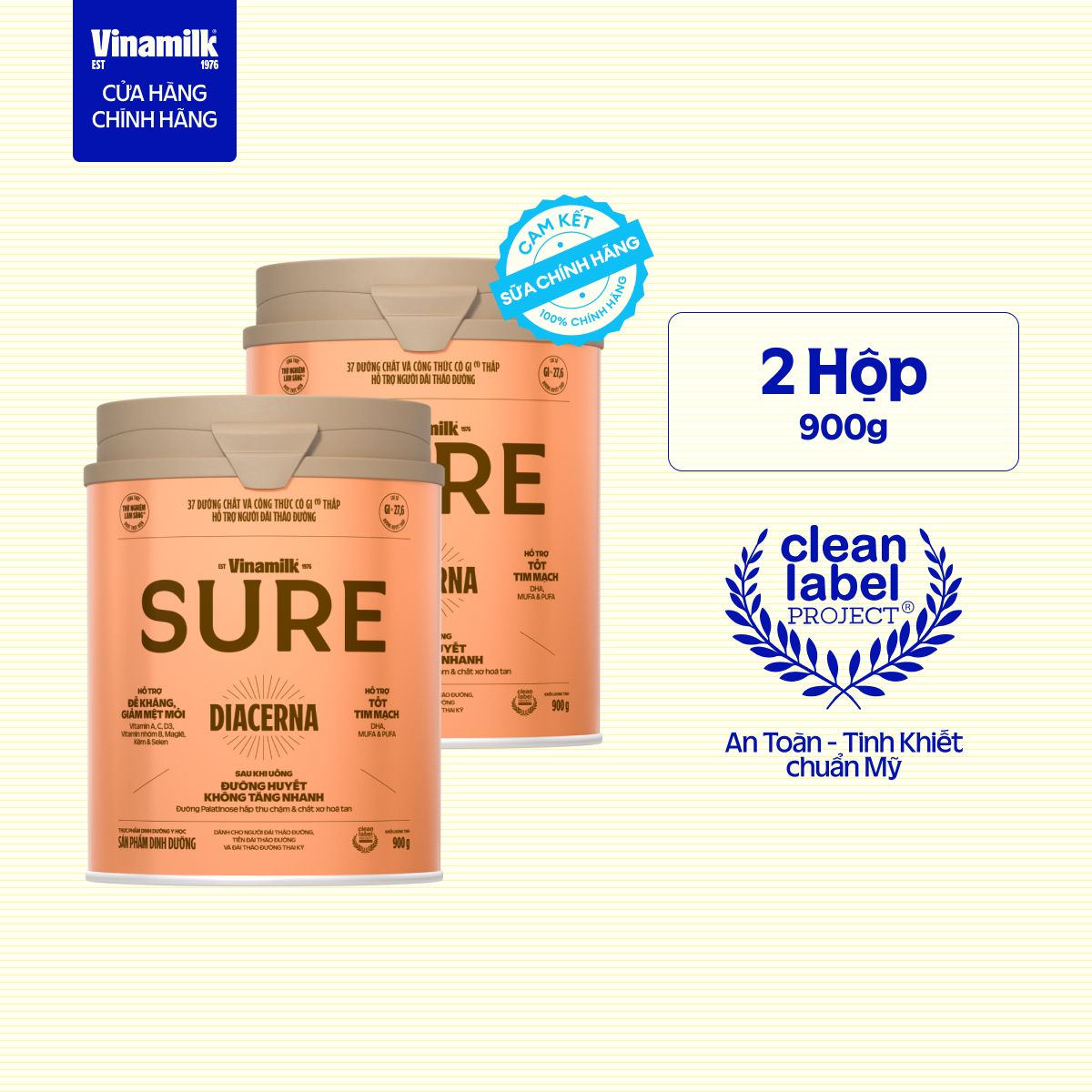 [Có thể nhận Bao bì Cũ/Mới] Combo 2 lon Sữa bột Dành cho người tiểu đường Vinamilk Sure Diecerna 900