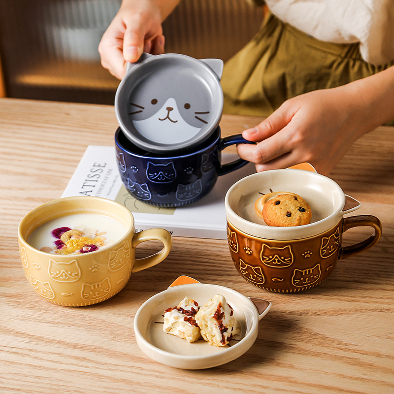Gốm sứ nhật bản mèo hoạt hình cốc ăn sáng dễ thương cốc ăn sáng sáng tạo cà phê có nắp sữa cặp đôi cốc nước lo0625