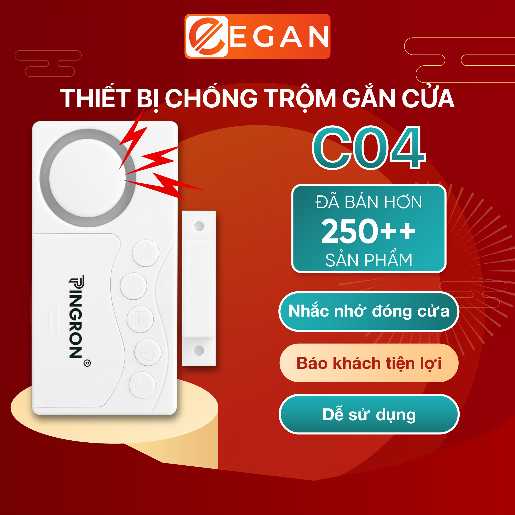 Chuông báo chống trộm cửa nhà PINGRON PR-C04 - Âm thanh báo động lớn, có nhắc nhở quên đóng cửa, dùng pin AAA, bảo hành 12 tháng