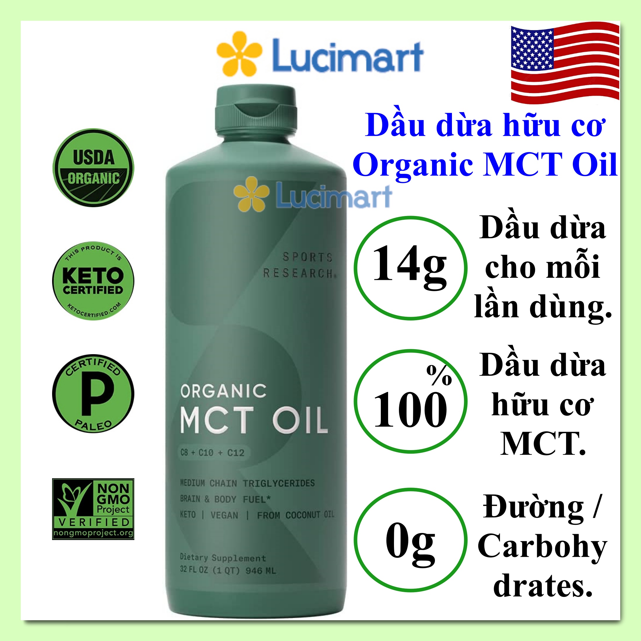 Dầu dừa MCT Oil chuyển hóa chất béo Medium Chain Triglycerides [Hàng Mỹ]