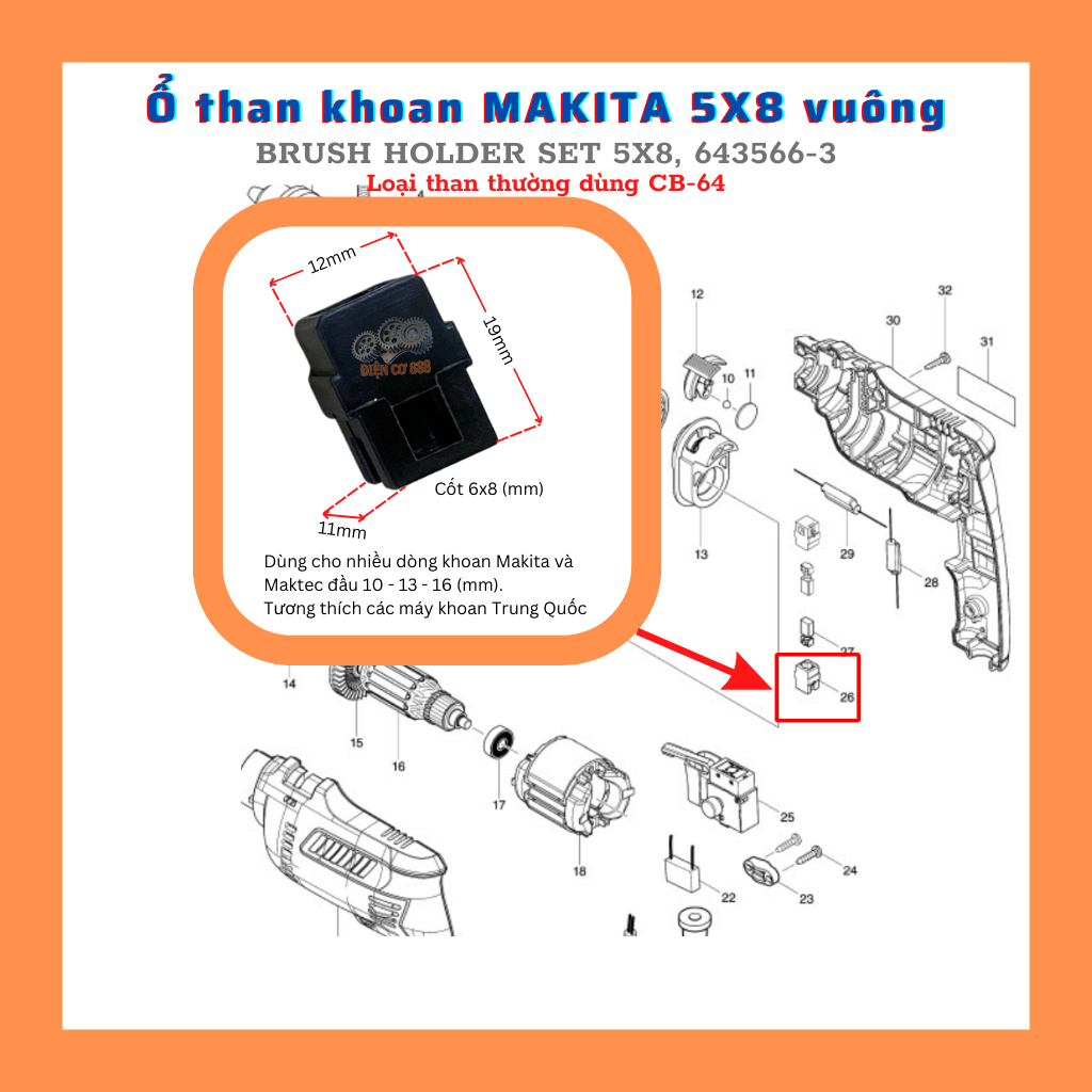Ổ than khoan makita hp1630 hp1631 m8100b m0801b 6411, mt811 mt814 mt817
