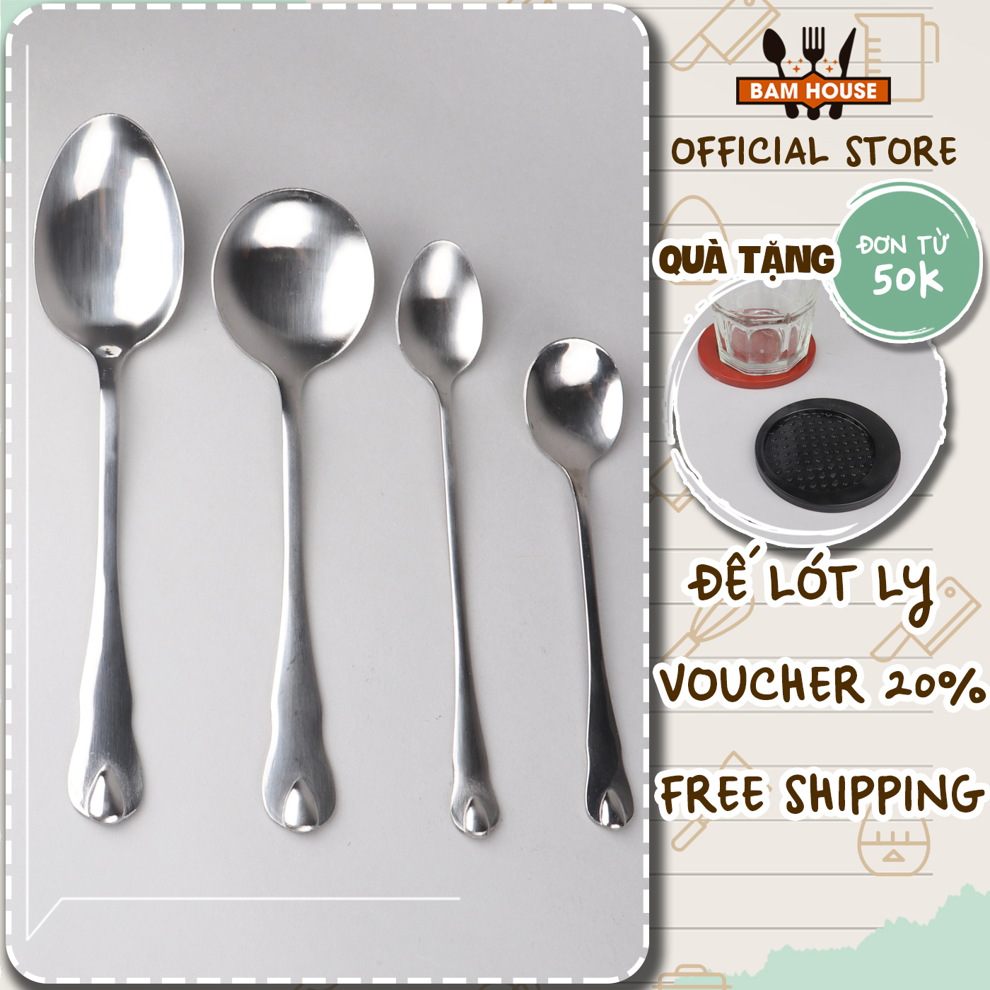 Set muỗng canh, muỗng soup, muỗng cafe inox 430 bam house cao cấp mui04 – gia dụng bếp