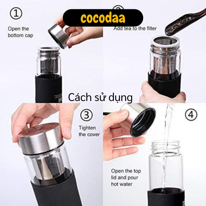 Bình nước thủy tinh - Bình thủy tinh pha trà giữ nhiể - Bình pha trà giữ nhiệt có lưới lọc - Bình lọc cà phê 2 đầu