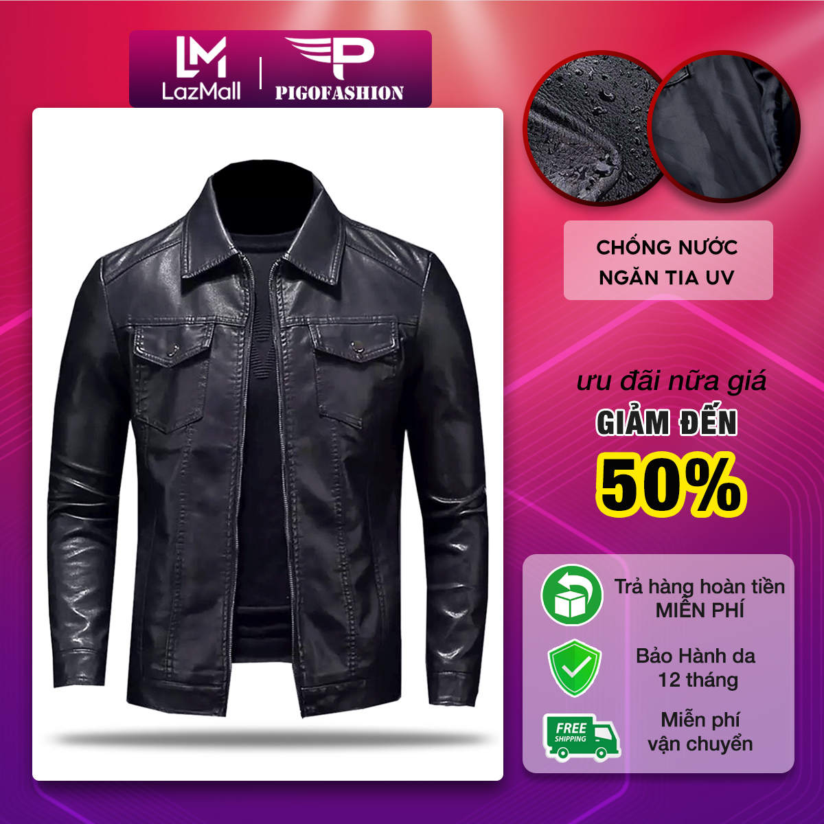 Áo khoác da nam biker leather cổ vest cao cấp fs pigofashion adn31 màu đen black