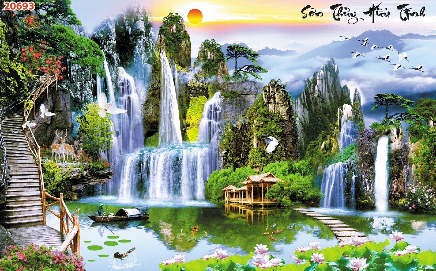 Tranh dán tường 3d sơn thủy hữu tình trang trí phòng khách phòng ngủ giá rẻ đẹp chất liệu decal pp keo sẵn bóc dán PA