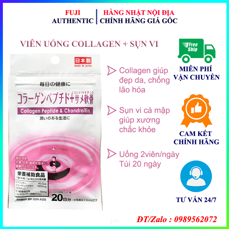 Viên uống kết hợp collagen peptide và sụn vi cá mập túi 20 ngày 40 viên nhật bản