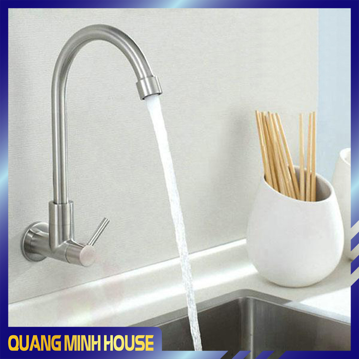 Vòi rửa chén bát lạnh gắn tường cần cứng xoay 360 inox 304 cao cấp dành cho bồn rửa kép tiện dụng