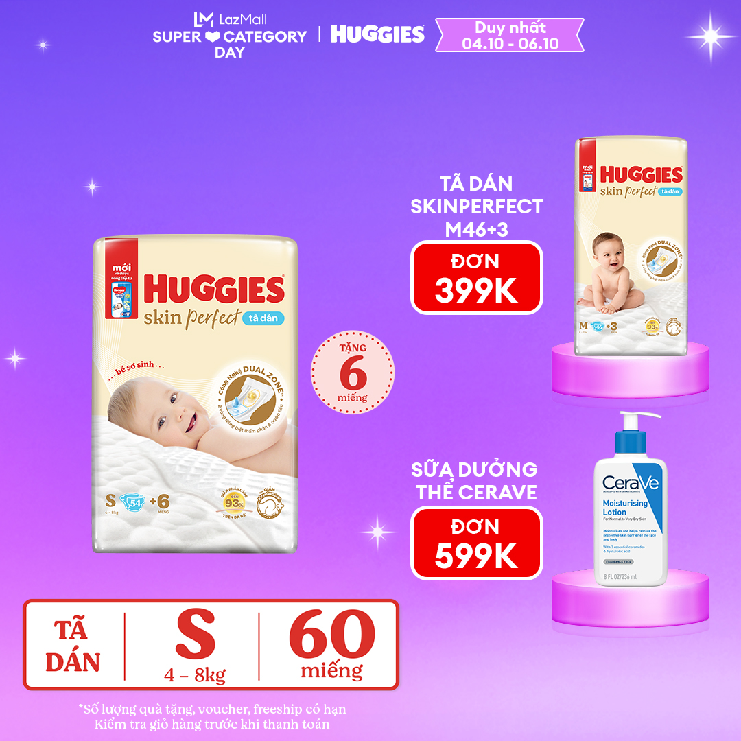 [CHỈ 4.10-6.10 MUA TÃ TẶNG TÃ] Tã/bỉm dán sơ sinh Huggies Skin Perfect S 54+6 miếng với 2 vùng thấm giảm kích ứng da