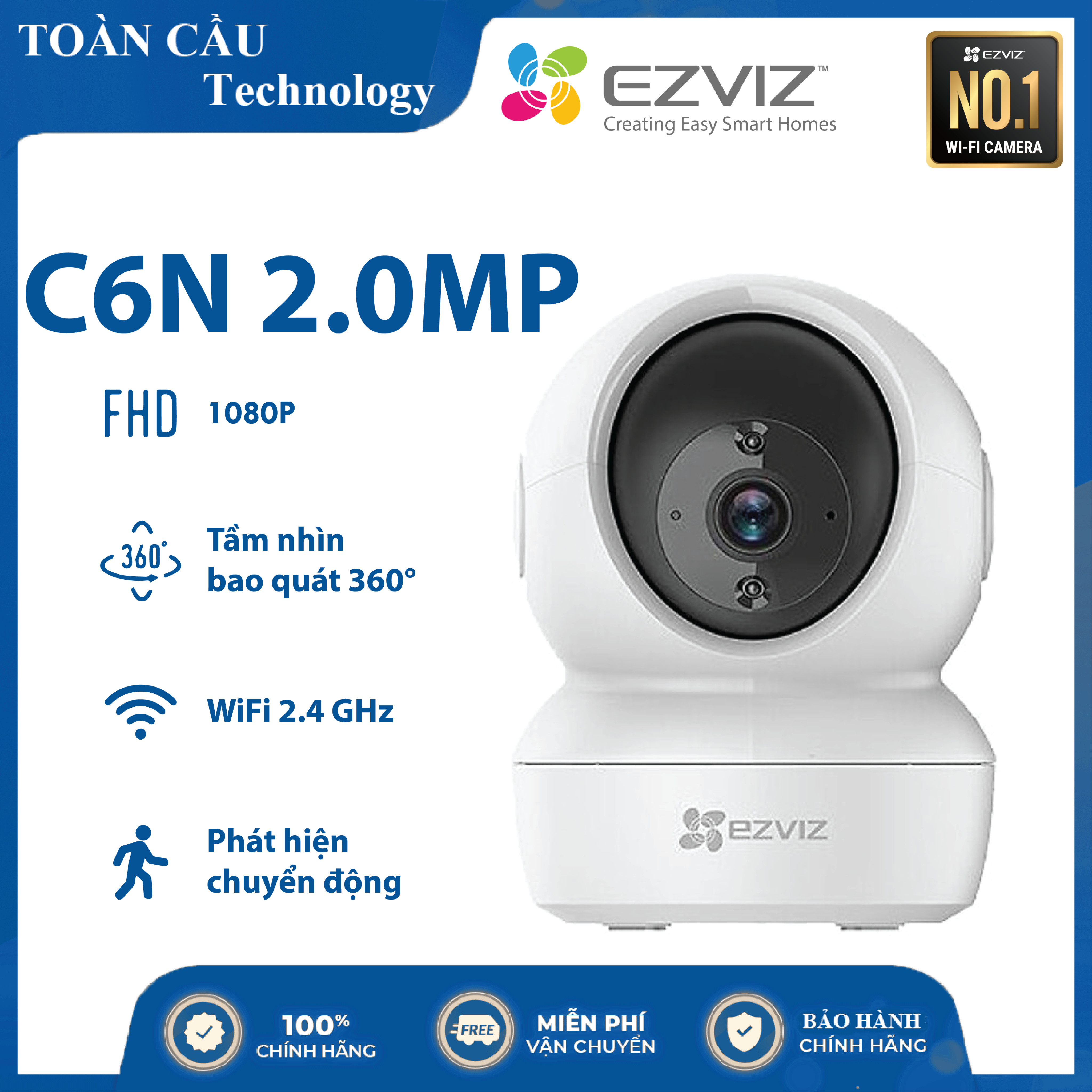 [100% CHÍNH HÃNG] Camera IP Wifi EZVIZ C6N 2.0MP 2.0MP Xoay 360 Thông Minh + CS-C6N Đàm Thoại 2 Chiều Full HD 1080P - Camera Giám Sát WIFI Không Dây - Top 1 Camera WIFI - Camera Toàn Cầu