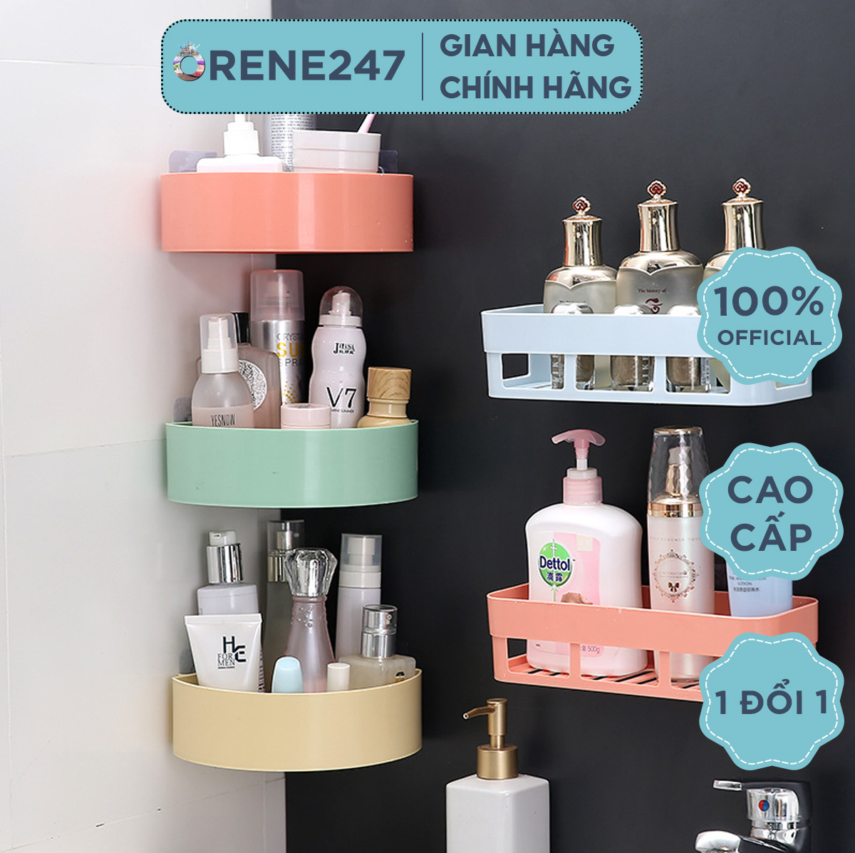 [Tặng 6 Móc Dán Tường] Giá Đỡ Đồ Trong Phòng Tắm Hình Chữ Nhật Và Tròn OR07 Dán Tường, Chắc Chắn, Không khoan Đục, Lỗ Thoát Nước Thông Minh - Orene247
