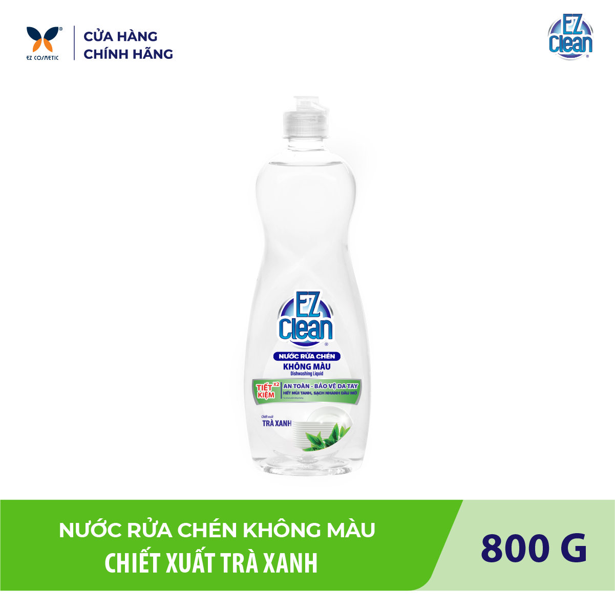 Nước Rửa Chén Bát EZ Clean chai 800gr làm sạch nhanh dầu mỡ, 100% không phẩm màu độc hại, gốc thực vật dịu nhẹ, bổ sung vitamin E