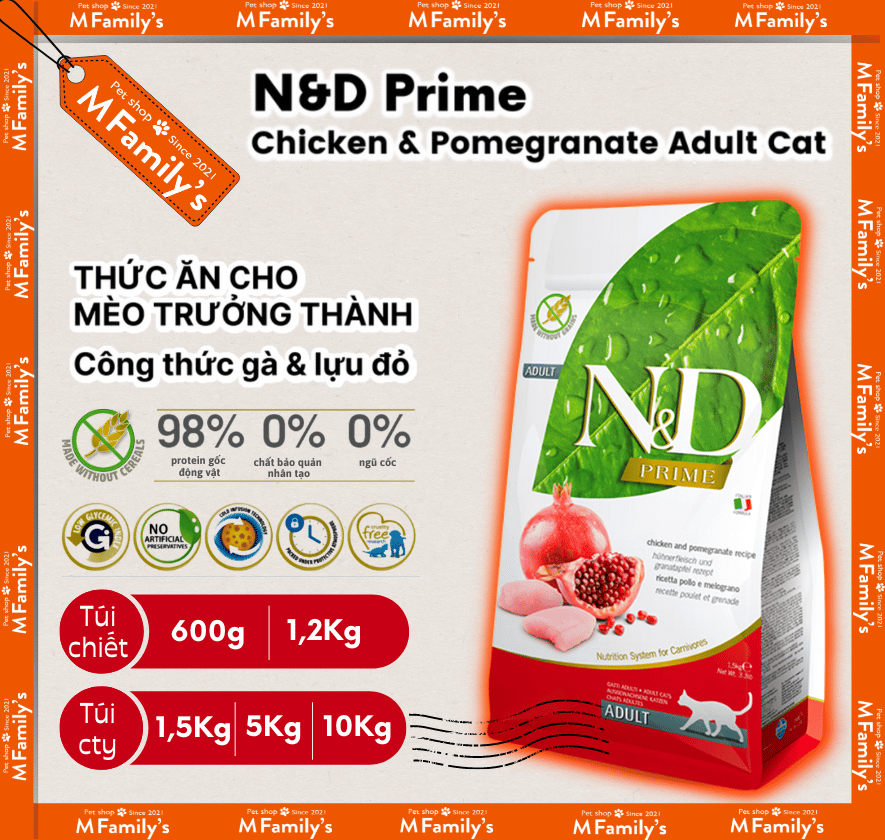 Hạt N&D Prime Cho Mèo trưởng thành vị Gà & lựu đỏ Farmina N&D Prime