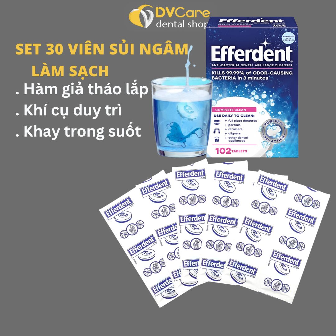 Set 30 viên sủi ngâm răng hàm EFFERDENT, vệ sinh hàm giả tháo lắp, khay chỉnh nha, khí cụ duy trì [dvcareshop]