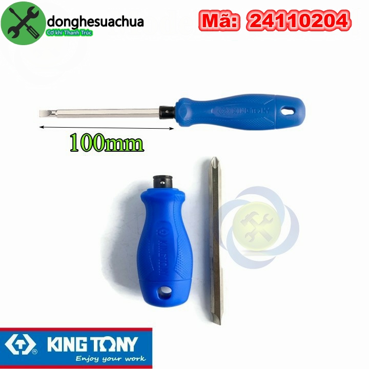 Tua vít 2 đầu dẹp và bake kingtony 24110204 ph2x100mm cán nhựa màu xanh