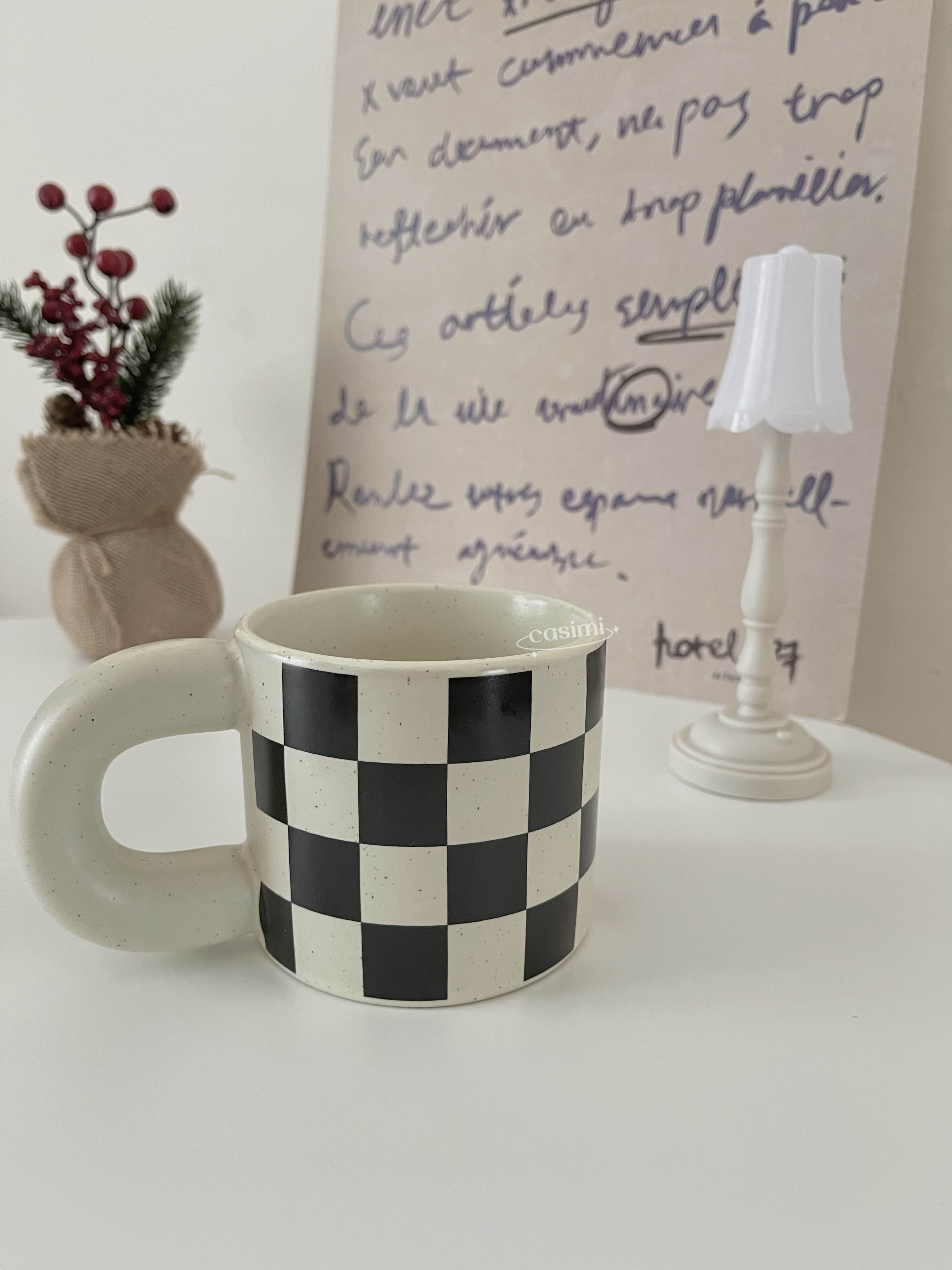 [FOLLOW NHẬN MÃ] Ly cốc sứ màu kem hoạ tiết caro đen 300ml uống cà phê, trà sữa xinh xắn vintage Casimi Decor