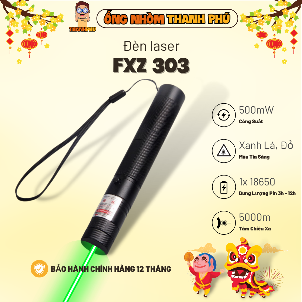 Đèn laser fxz 303 tia xanh và tia đỏ | công suất 500mw | có chìa khóa tia | tầm chiếu xa 500m