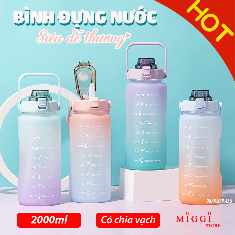 [TẶNG KÈM STICKER 2D] Bình Đựng Nước 2L Dễ Thương - Có Vạch Báo Giờ Uống Nước - Ống hút Silicon