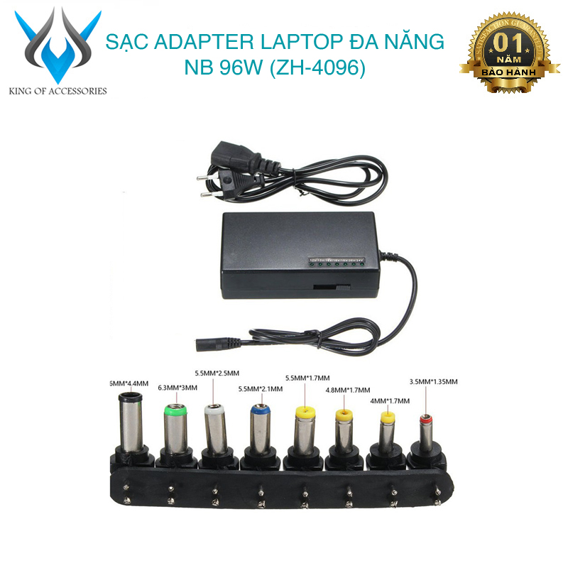  Sạc laptop đa năng 96W ZH 4096 kèm 8 đầu chuyển - có thể thay đổi điện áp 12V   15V   16V   18V   19V   20V   24V  đen  