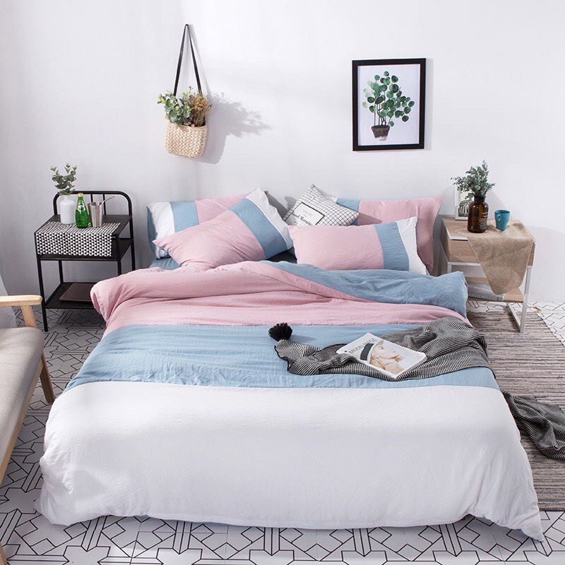 TRỌN BỘ 4 MÓN CHĂN GA GỐI ĐŨI COTTON PHỐI MÀU XANH HỒNG