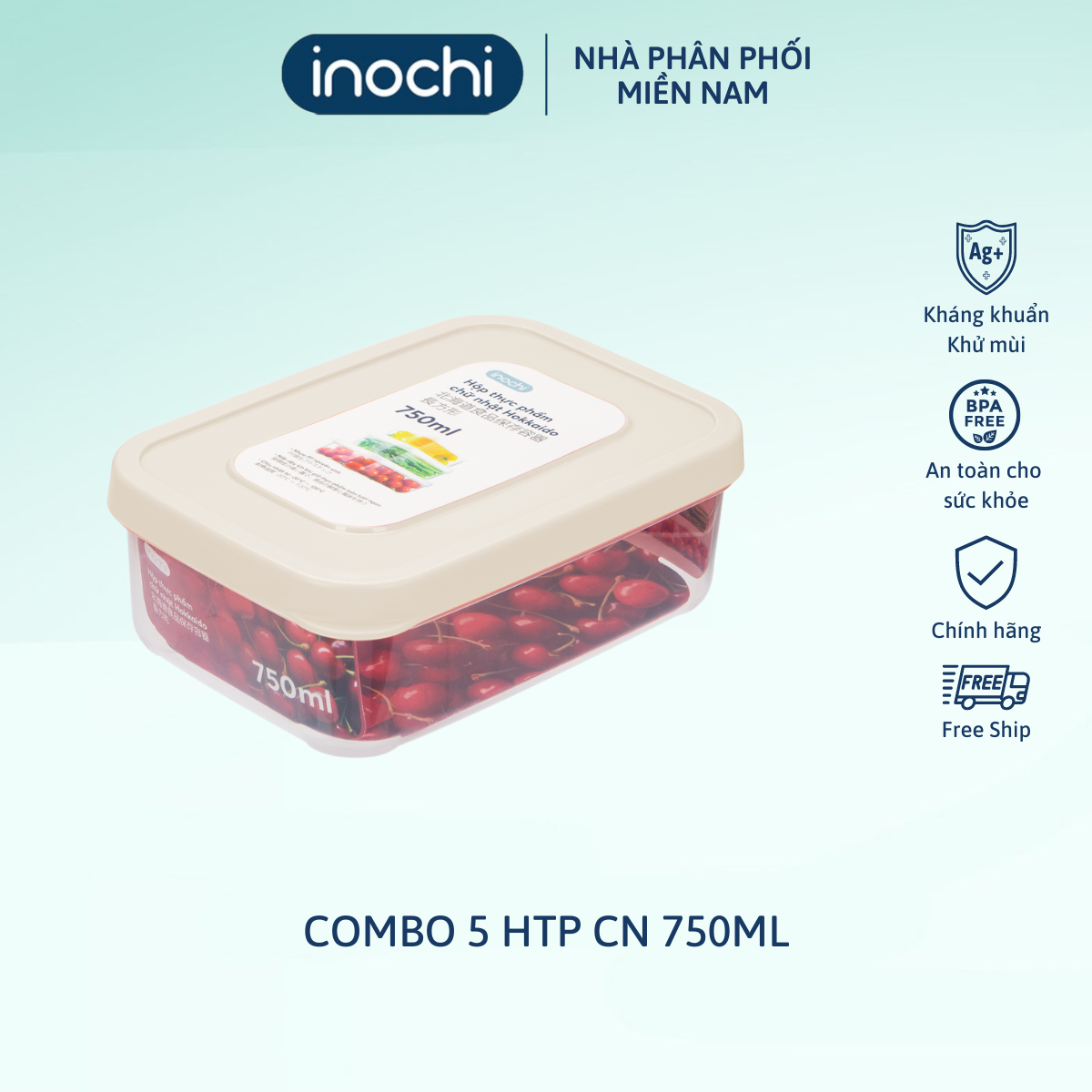 Combo 5 hộp thực phẩm chữ nhật Hokkaido inochi 750ml -  chất liệu nhựa PP an toàn trong lò vi sóng, không gây mùi hôi