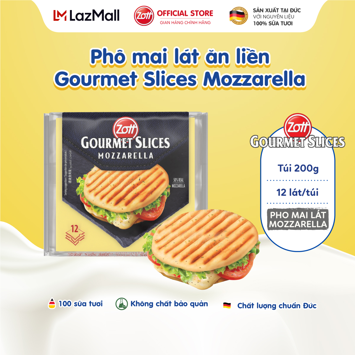 Phô mai lát Zott Gourmet Slices MOZZARELLA nhập khẩu từ Đức