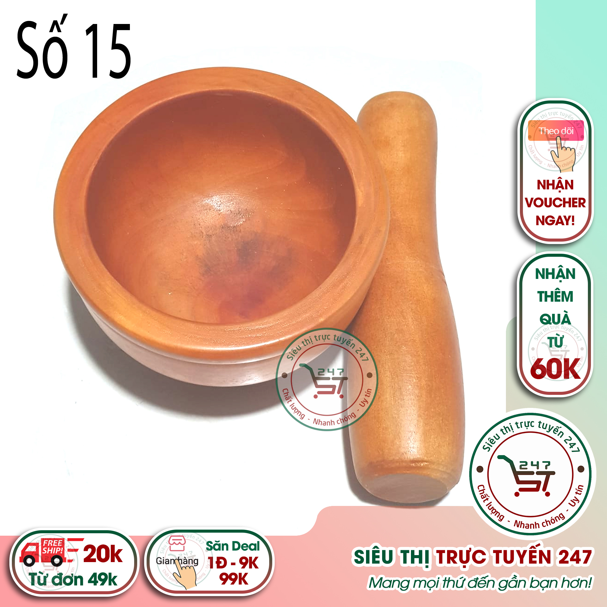 Bộ Chày Cối gỗ 15 nguyên khối giã tỏi ớt thịt cá là đồ dùng nhà bếp tiện dụng trong gia đình