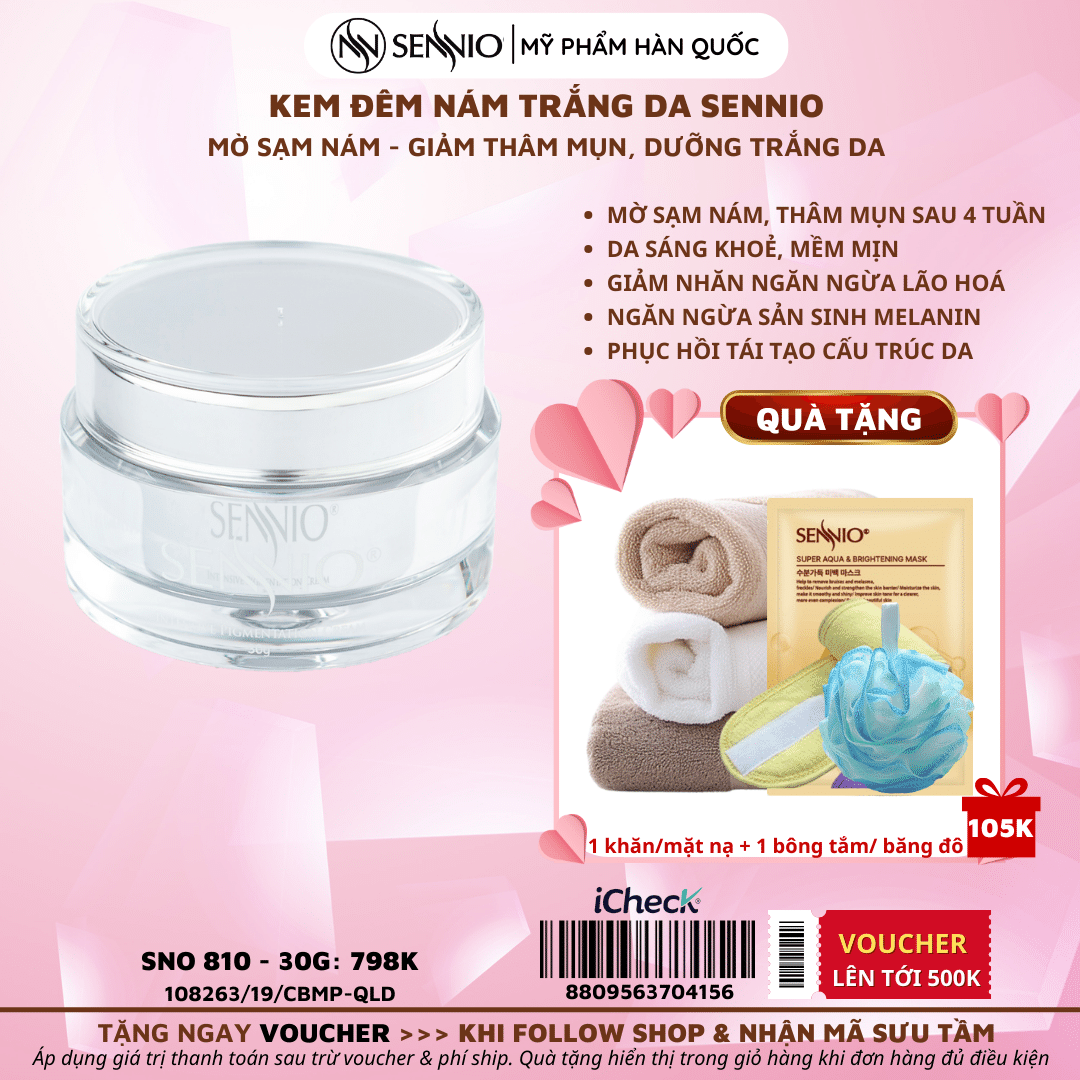 Kem đêm dưỡng trắng da mờ thâm mụn - sạm nám, chống lão hoá Sennio 30ml Intensive Pigmentation Cream SNO810