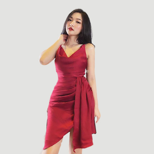 Đầm nữ lệch tà thắt eo tay ngắn cổ V thời trang mới Đ090