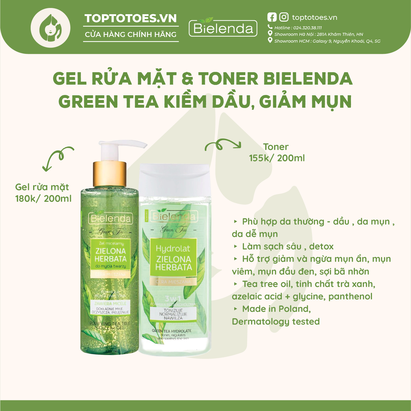 Gel rửa mặt & Toner Bielenda Green Tea làm sạch sâu kiềm dầu giảm mụn