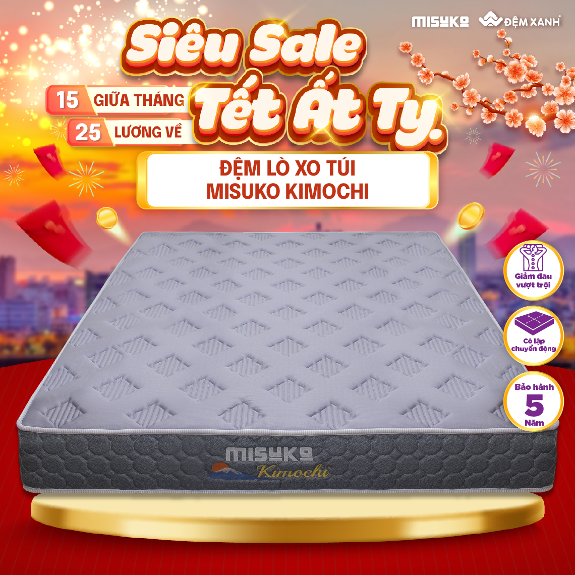 Đệm lò xo túi Nhật Bản Misuko Kimochi dày 25cm