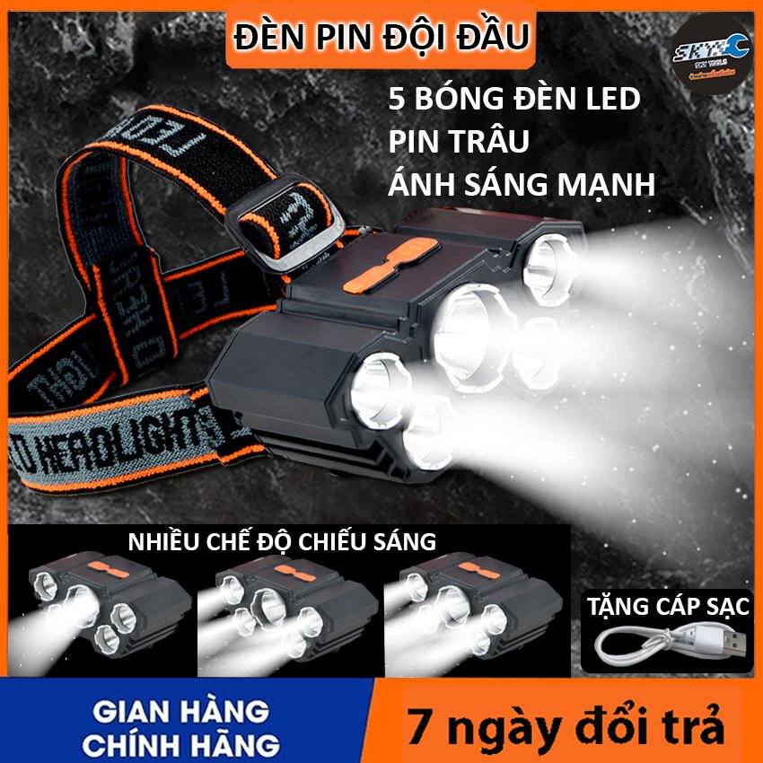 Đèn pin chiếu sáng đội đầu 5 bóng siêu sáng. Đèn Pin Đội Đầu Siêu Sáng Loại Mới 5 Mắt Bóng To Hơn Sáng Hơn, Chống Nước, Tặng Kèm Cáp Sạc den pin sieu sang, đèn pin, đèn pin siêu sáng