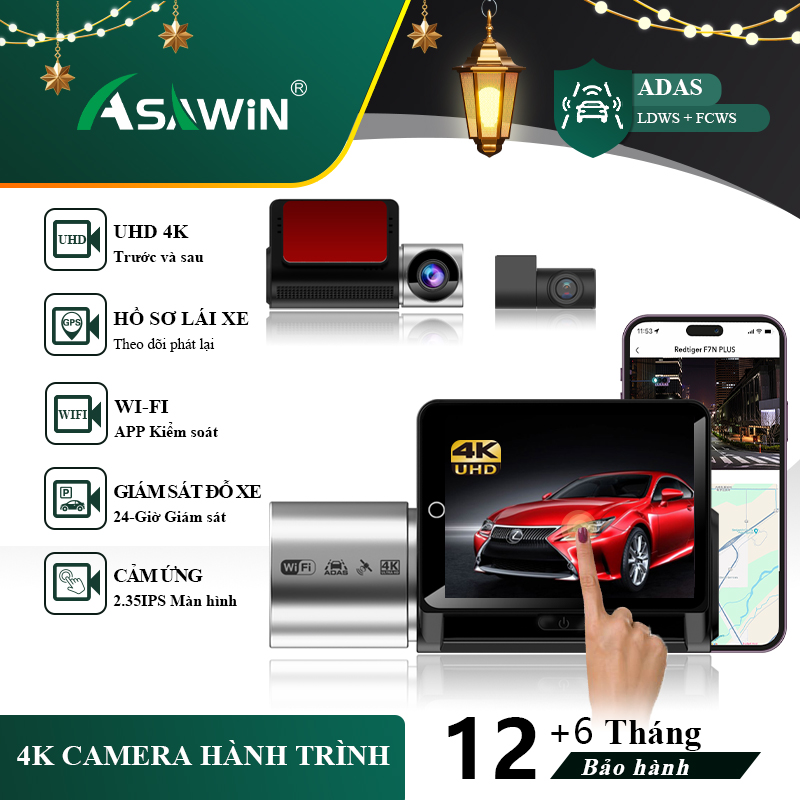 Asawin A6 4K Dash Cam Wifi ADAS Car Camera Car driving trajectory 2.35" Touch Ips Screen Front And Rear Night Vision LDWS FCWS G-sensor Support 24H Park Mode Giá 1,658,000 Đồng*Miễn phí vận chuyển