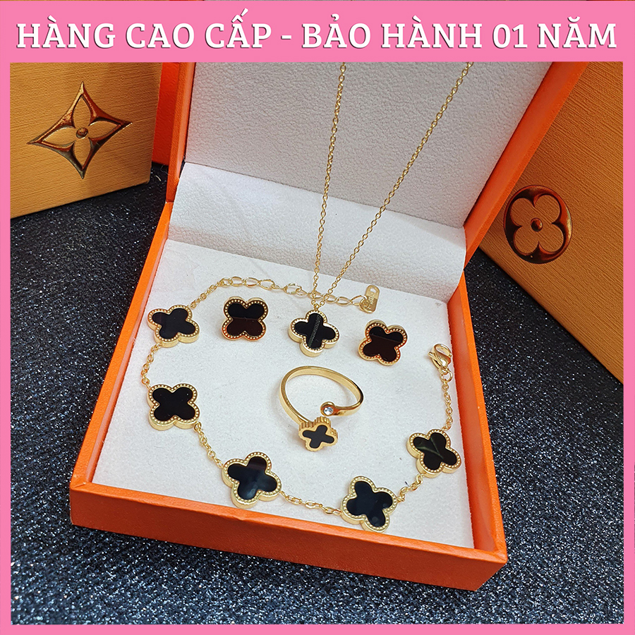 Bộ trang sức cỏ 4 lá may mắn, titan cao cấp ko đen cb01 màu vàng