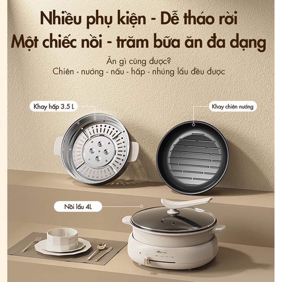 Nồi lẩu điện bear 4l dhg-c40w2. nồi lẩu điện 2 tầng kèm chảo nướng và khay hấp - amika
