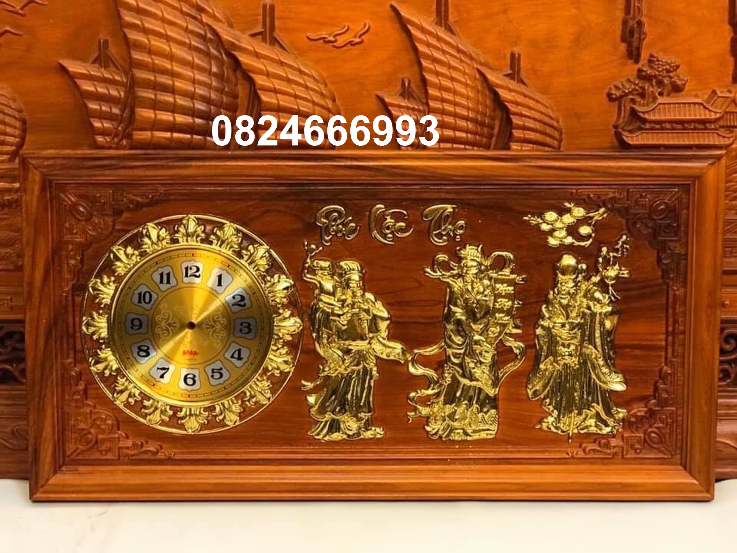Tranh đồng hồ tam đa phúc lộc thọ treo tường gỗ hương 81x41