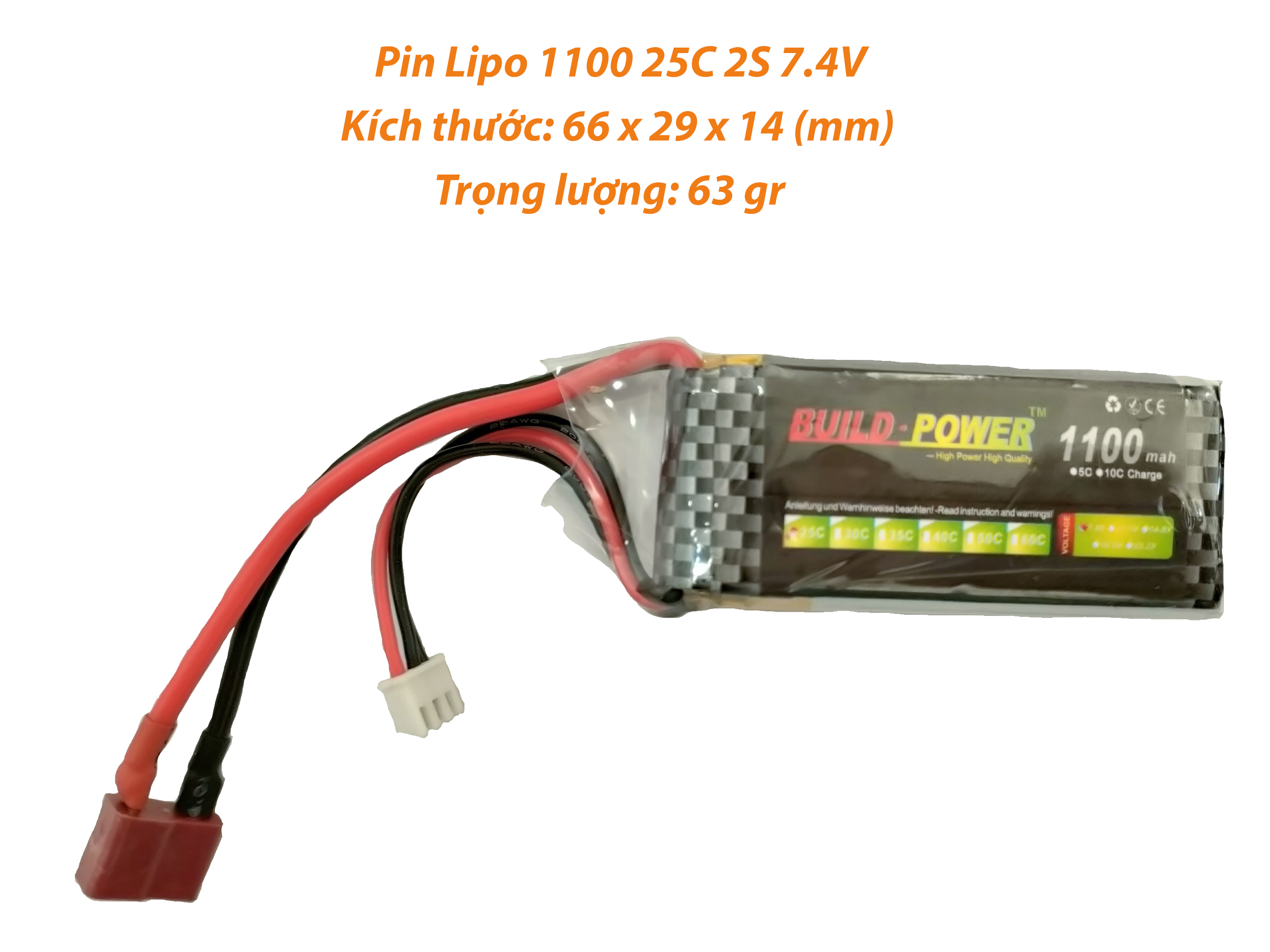 Pin Lipo 1100 MAh 7.4V 25C 2S dùng cho đồ chơi công nghệ cao Buil Power - ATDTECH