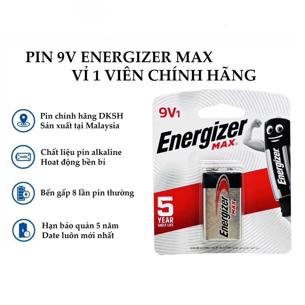 Combo 5 vỉ pin 9V, pin vuông 522 Energizer Alkaline chính hãng