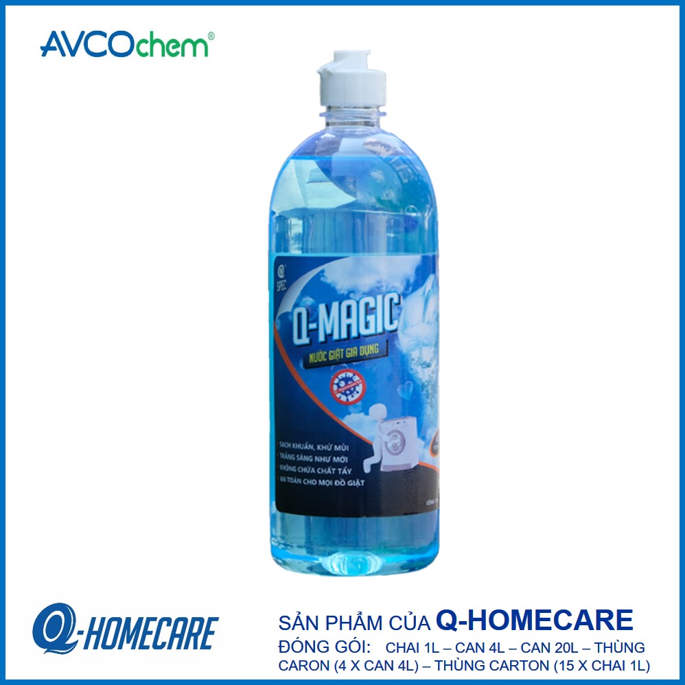Nước giặt diệt khuẩn Q-Magic chai 1 lít - Avcochem - Q-Homecare, giúp khử mùi hôi vượt trội, ngăn tối đa vải bị ẩm mốc và có mùi sau khi giặt xả