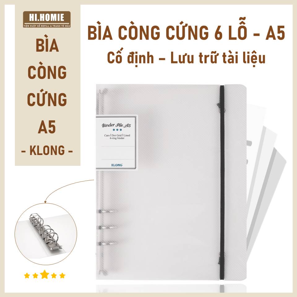 Bìa còng nhựa cứng 6 lỗ A5 Klong – Binder còng sắt - còng làm sổ tay planner, sổ ghi chép, take notes, bullet journal,…