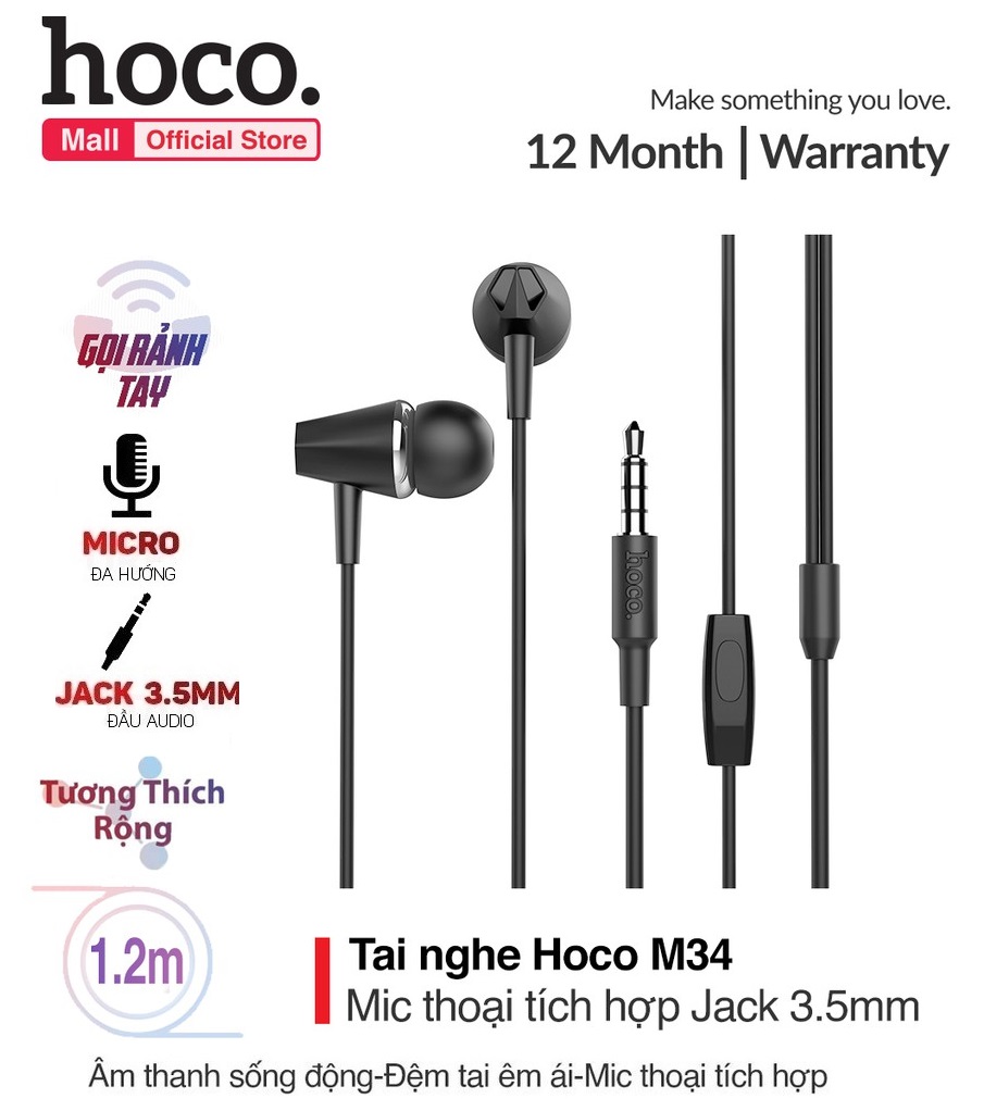 Tai nghe dây nhét tai Hoco có míc đàm thoại chính hãng cho các dòng điện thoại
