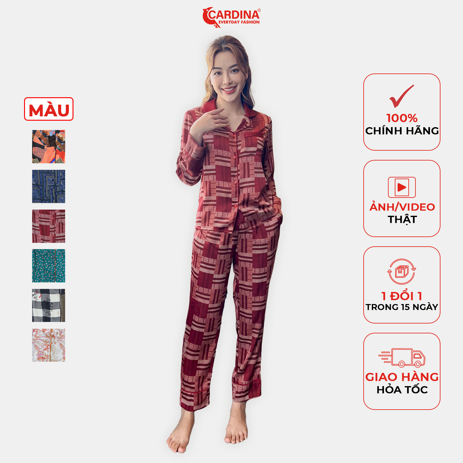 Đồ bộ nữ 𝐂𝐀𝐑𝐃𝐈𝐍𝐀 pijama chất lụa satin nhật cao cấp quần dài áo tay lỡ họa tiết 2pi07