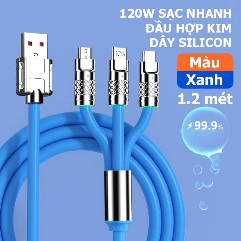 Cáp Sạc Nhanh 3 đầu Hợp Kim Kẽm 120W 6A Dây Silicone