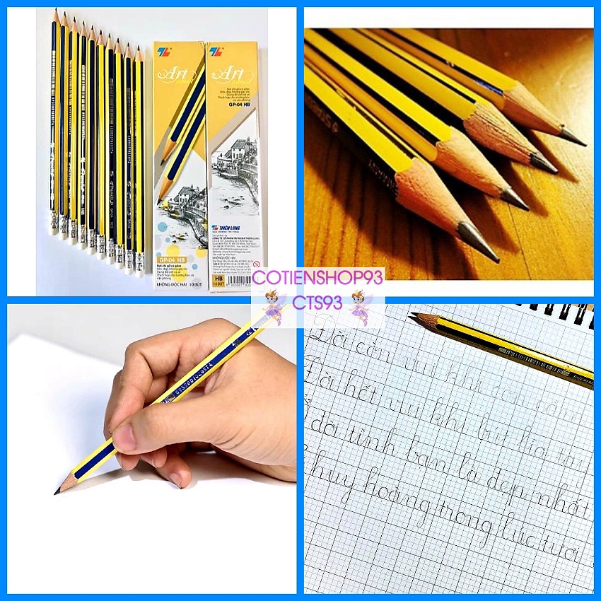 Hộp 10 bút chì Thiên Long HB GP-04, kèm gôm tẩy, thân bút hình lục giác giúp cho trẻ dễ cầm bút , cotienshop93