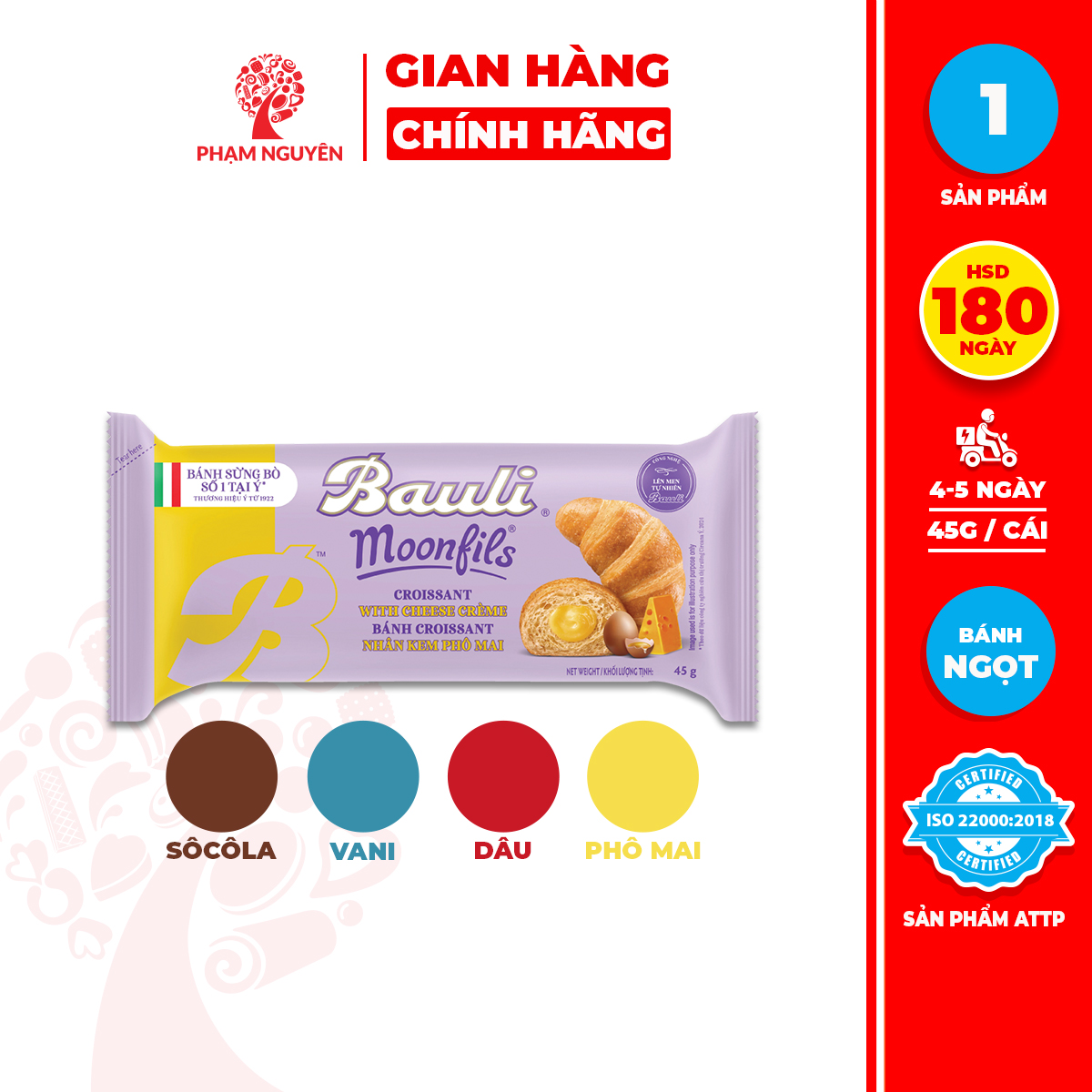 Bánh Sừng Bò Bauli Moonfils 45g | Bánh ăn sáng tiện lợi giàu dinh dưỡng | Bánh sừng trâu | Đồ ăn vặt